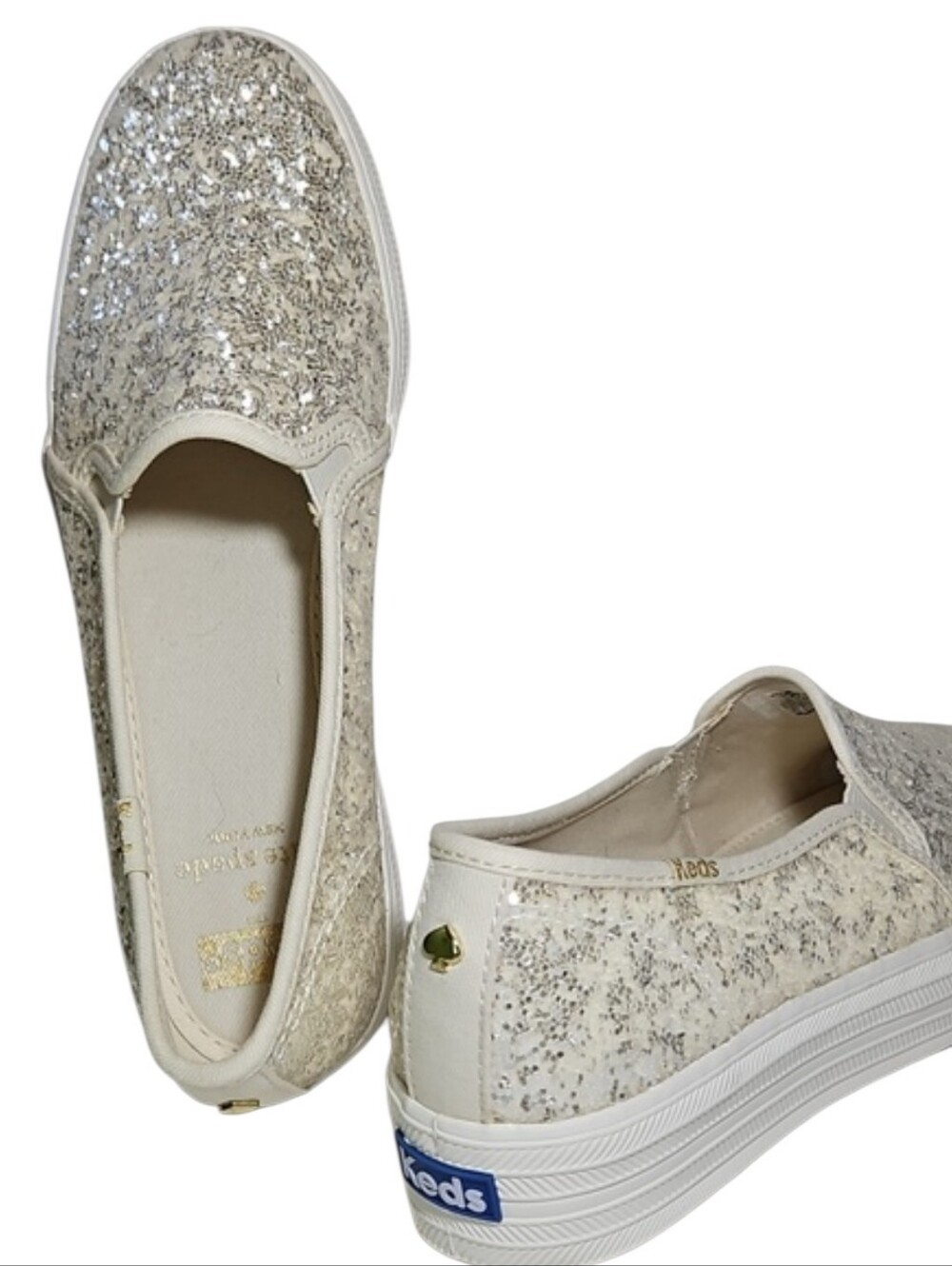 Keds x Kate Spade Triple Decker Glitter Slip On Sneakers In Cream, Size 6.5